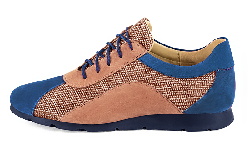 Electric blue and terracotta orange women's two-tone elegant sneakers. Round toe. Flat rubber soles. Profile view - Florence KOOIJMAN